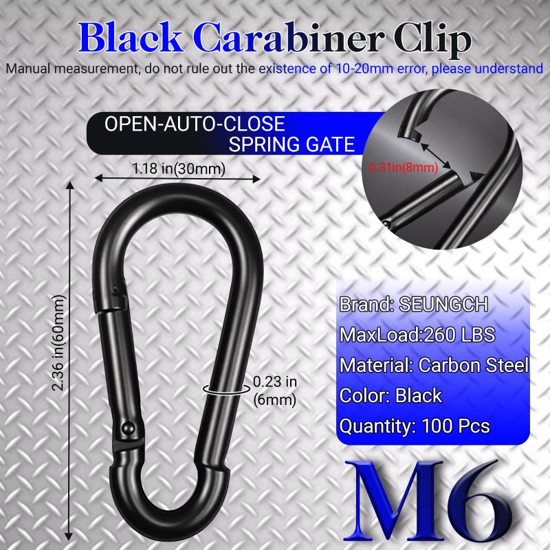 SEUNGCH 100Pcs 2.36"" Spring Snap Hook Carabiners  M6 Galvanized Steel Black Small Carabiner Clip  Keychain Clip  Quick Link Key Chain for Hammock Swing Set Outdoor Travel  Camping  Fishing  Hiking - Image 2
